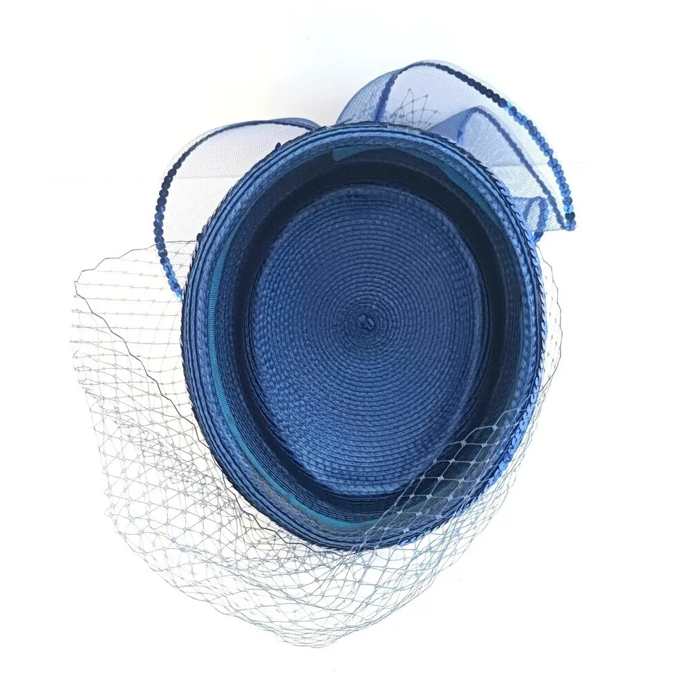 NEW Royal Blue Straw Pillbox Hat Tulle Sequins Netting Church Party Wedding